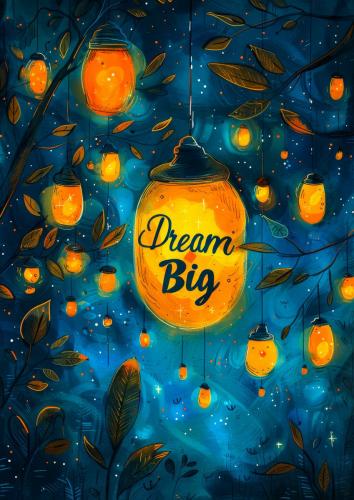 Magical Night Sky with Glowing Lanterns and Dream Big Message Am