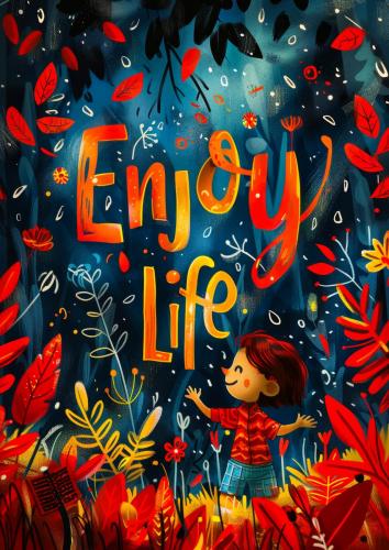Whimsical Child in Vibrant Autumn Nature with Enjoy Life Message