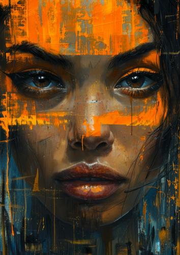 Vibrant Abstract Portrait of Woman with Intense Eyes Against Ora