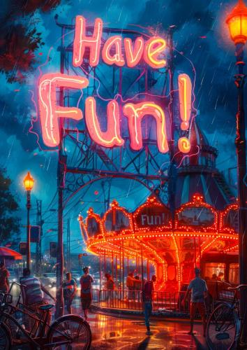 Rainy Night Carnival Scene with Neon Sign and Carousel, People E