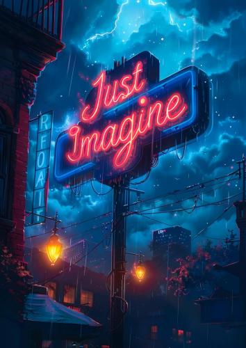 Neon Just Imagine Sign in Urban Night Rain with Lightning, Drama
