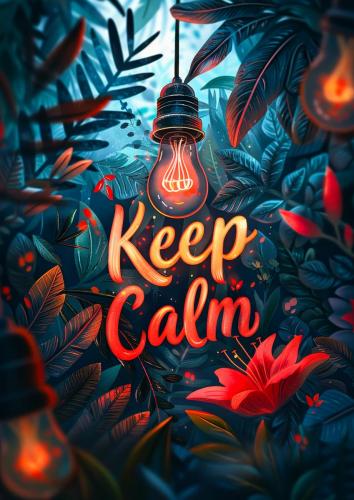Keep Calm Neon Sign in Lush Jungle Foliage with Hanging Lightbul