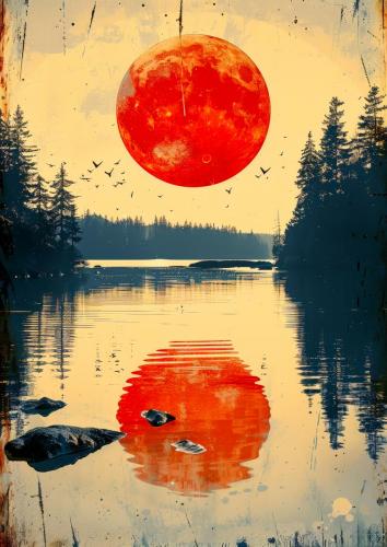 Surreal Sunset Over Calm Lake with Red Moon Reflection and Fores