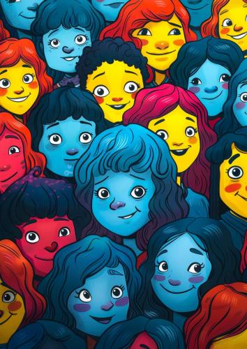 Colorful Cartoon Faces with Diverse Expressions, Close-Up, Vibra