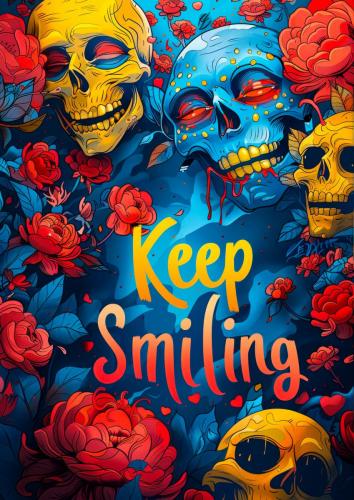 Colorful Artistic Skulls with Roses and Keep Smiling Text Illust