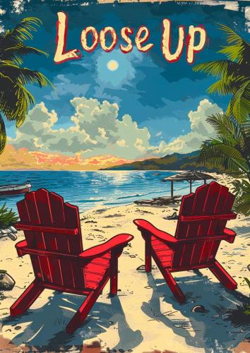 Vintage Tropical Beach Poster with Red Adirondack Chairs, Palm T