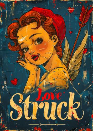 Retro Cupid Illustration with Red Hair, Heart and Arrow in Backg