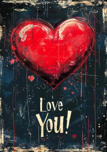 Vibrant Artistic Heart Painting with Love You! Text on Dark Back