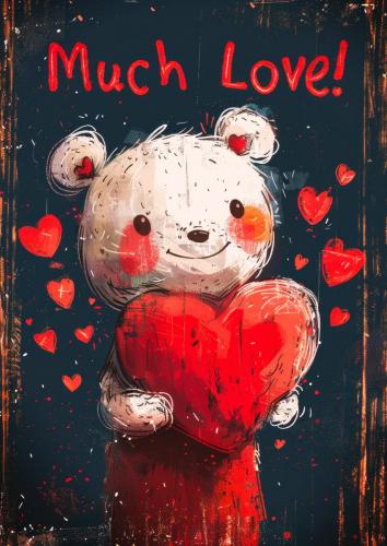 Cute Bear Holding Heart with Much Love Text, Illustrated Valenti