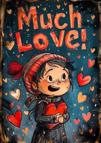 Cute Child Holding Heart with Much Love Text, Illustrated Poster