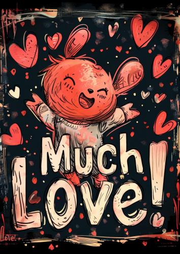 Joyful Cartoon Animal Spreading Love Surrounded by Hearts and Mu