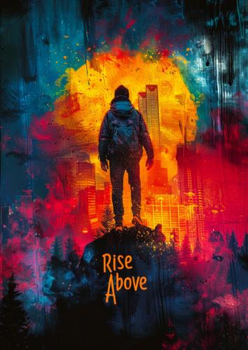 Silhouette of Adventurer Facing Vibrant Cityscape with Text Rise