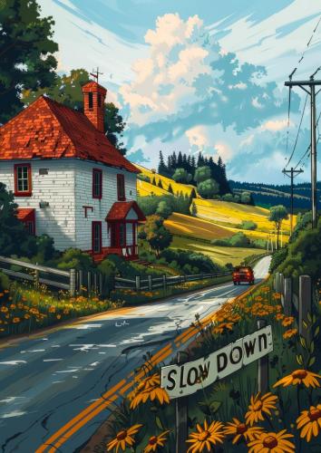 Idyllic Countryside Road with Old House, Yellow Flower Fields, a