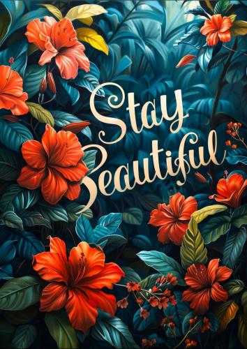 Vibrant Red Hibiscus Flowers with Stay Beautiful Text on Lush Gr