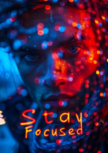 Stay Focused Inspirational Portrait of Determined Man with Neon