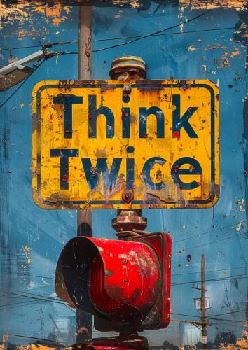 Rustic Think Twice Sign on Weathered Pole With Red Traffic Light