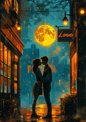 Romantic Couple Embracing under Full Moon on Rainy Night in City