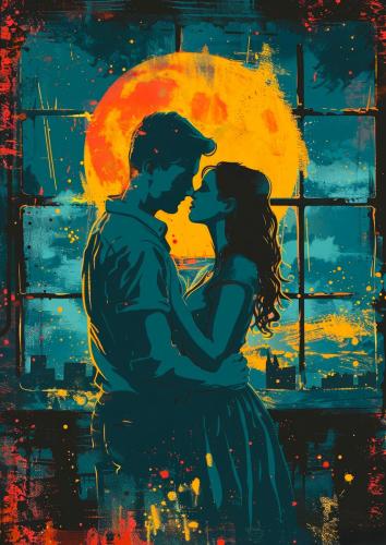 Romantic Couple Silhouette Embrace Against Moonlit Skyline Windo