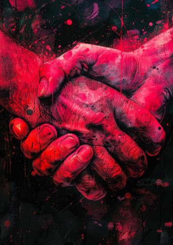 Powerful Handshake with Red Artistic Splashes Symbolizing Unity,