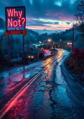 Neon Sign Why Not? on Wet Mountain Road at Dusk with Reflective