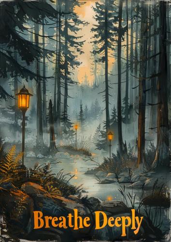 Enchanting Forest Path with Glowing Lanterns Amidst Misty Trees